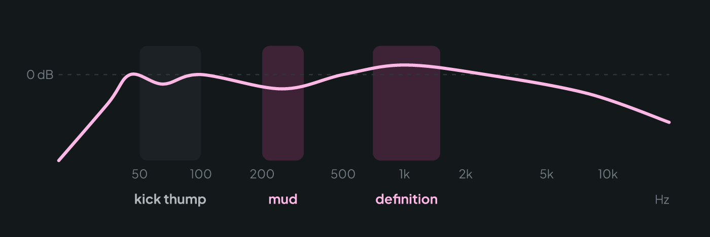 Bass EQ curve: high-pass below 40 Hz, a slight dip where the kick lives, a cut at 250 Hz and presence around 1 kHz
